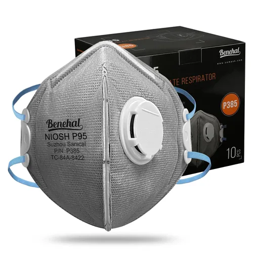 benehal Mascarillas Faciales P95 Aprobadas por NIOSH Paquete de 10, Capa de Carbón para Reducción de Olores, Con Válvula de Exhalación, Medios de