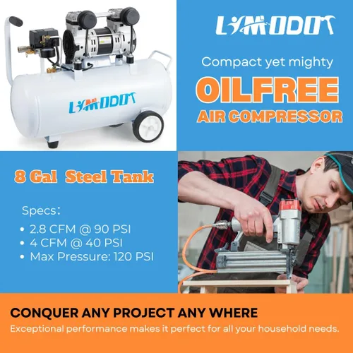 Miniatura 2 de Compresor de aire silencioso, solo 68 dB, tanque de acero de 8 galones, 2.8CFM a 90 PSI, sin aceite, compresor de aire eléctrico perfecto