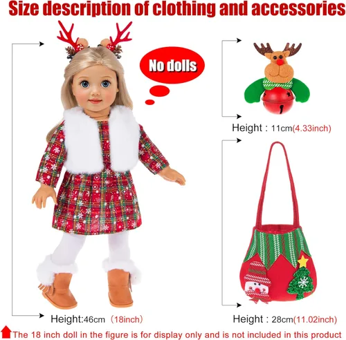 Miniatura 3 de ebuddy Ropa y accesorios para muñecas de 18 pulgadas, juego de disfraz de Navidad que incluye vestido, chaleco de piel, medias, botas, pinzas