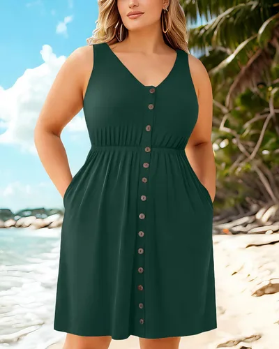 Miniatura 15 de Holipick Vestidos de verano para mujer, talla grande, casual, con bolsillos, acampanado, con botones, sin mangas, cuello en V