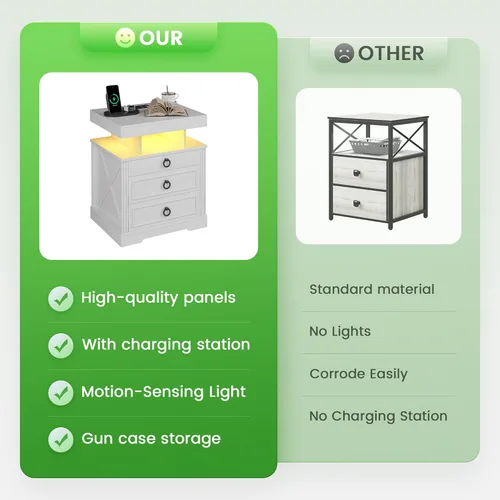 Miniatura 7 de HNEBC Mesita de noche con cajones para armas, mesita de noche de granja con estación de carga, mesita de noche secreta con luz automática de 3