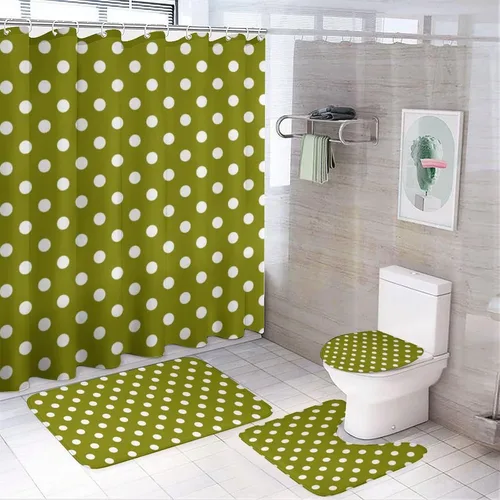 Miniatura 61 de Juego de 3 alfombras de baño con diseño de lunares, color azul aguamarina, antideslizante, con contorno en forma de U y tapa de inodoro