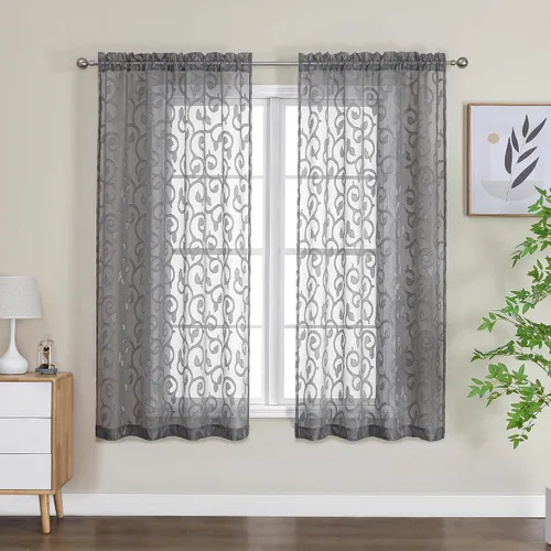 Miniatura 11 de OWENIE Furman - Juego de 2 paneles de cortinas traslúcidas negras de 24 pulgadas de largo, cortinas semitransparentes de jacquard ligeras y aireadas