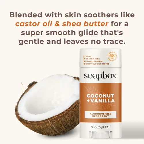 Miniatura 4 de Soapbox Desodorante natural sin aluminio, aroma a coco y vainilla, no tóxico y vegano para uso diario, ingredientes limpios libres de productos