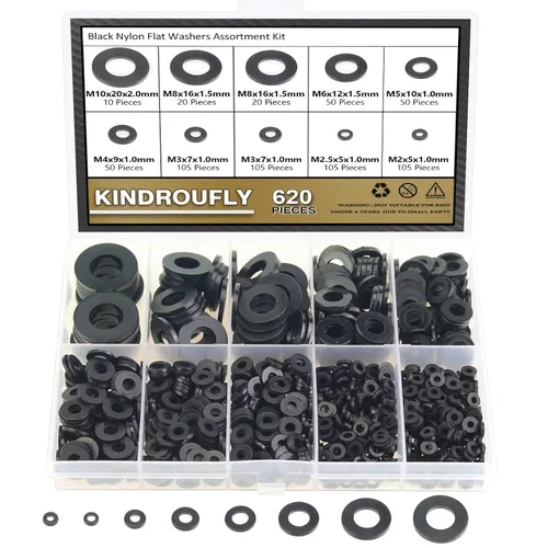 620 arandelas planas de nailon, 8 tamaños, arandelas de plástico de nailon negro, kit surtido de arandelas (M2 M2.5 M3 M4 M5 M6 M8 M10)