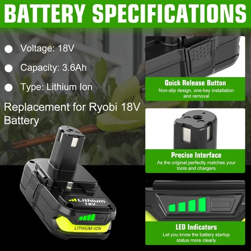 Miniatura 2 de Enermall Paquete de 2 baterías de repuesto P102 de 3600 mAh para Ryobi de 18 V Plus compatibles con baterías Ryobi de 18 V P108 P103 P105 P107 P109