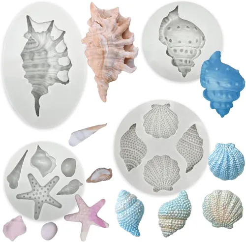 4 PCS Moldes de Silicona para Fondant con Temática Marina Caracola Concha Estrella de Mar Moldes para Hornear para Decoración de Pasteles DIY