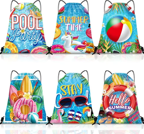 Kacctyen 6 bolsas con cordón para piscina, playa, mochila con cordón de verano, bolsa de cumpleaños, decoración de fiesta de piscina (clásica)