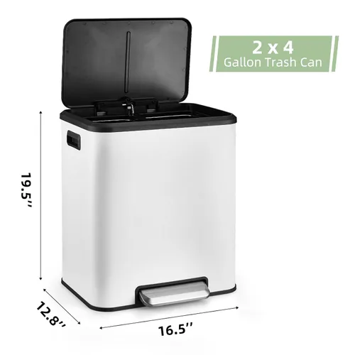 Miniatura 2 de Cubo de basura rectangular de doble compartimento para reciclaje de cocina con tapa de cierre suave, acero inoxidable de 2 x 4 galones