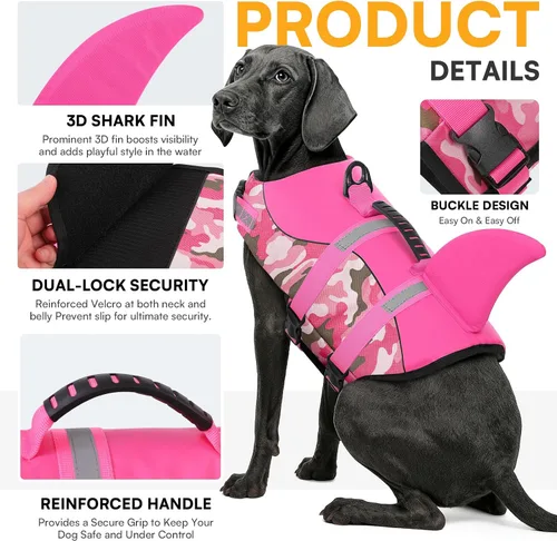 Miniatura 3 de Queenmore - Chaleco salvavidas Ripstop de tiburón para perro, ajustable, con alta flotabilidad y asa de rescate duradera, para perros pequeños