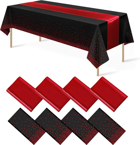 Miniatura 30 de 8 paquetes de manteles de plástico desechables y juego de camino de mesa de satén negro con dorado, mantel de satén dorado para graduación, boda
