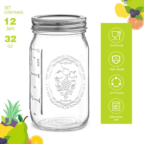 Miniatura 2 de Frascos Mason de 32 oz de Boca Ancha - Paquete de 12 Frascos de Vidrio Mason de Cuarto de Galón con Tapas Herméticas y Bandas para Enlatado