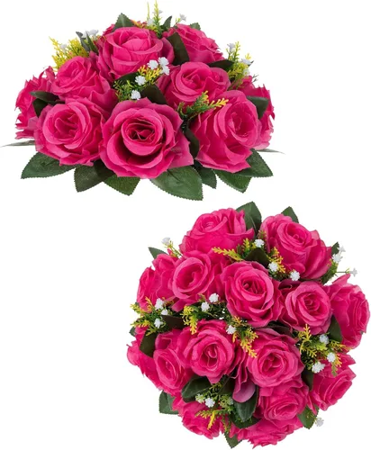 Miniatura 34 de BLOSMON Bolas de flores, centros de mesa de rosas de boda: 2 piezas de flores falsas carmesí decoración de bolas de besos Arreglos florales