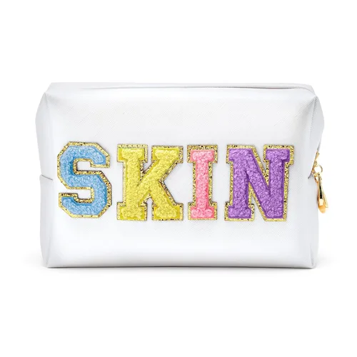 Miniatura 9 de Y1tvei Preppy Patch BATH Letter - Neceser de cuero PU para cosméticos, bolsa de maquillaje portátil cosida con parches de letras universitarias