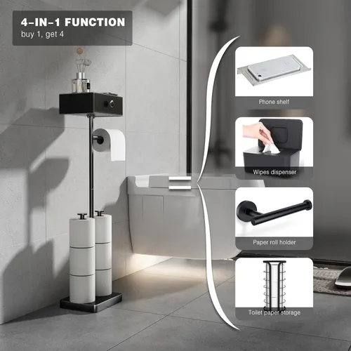 Miniatura 3 de VOLDRA Soporte de papel higiénico con estante, soporte de rollo de papel higiénico negro con cajón de almacenamiento de toallitas, soporte de papel