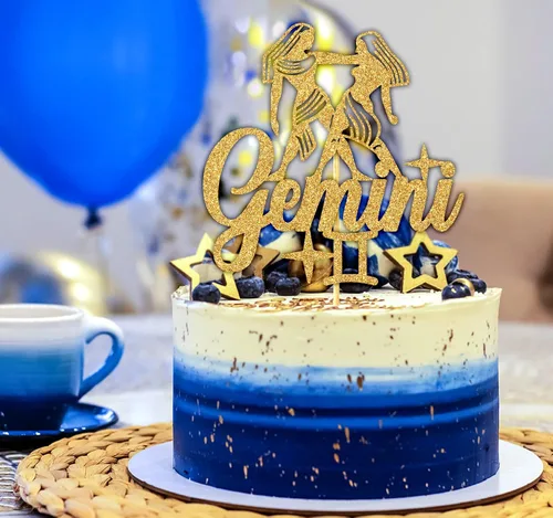 Miniatura 6 de Decoración de pastel de cumpleaños con purpurina dorada Géminis, decoración de pastel energético de Géminis grande, 12 constelaciones, temática