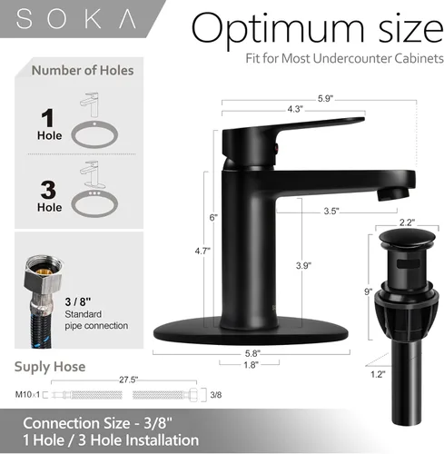 Miniatura 5 de SOKA - Grifo de baño de latón negro mate con tapón de desagüe emergente y placa de cubierta - Grifo monomando para RV con 1 o 3 agujeros