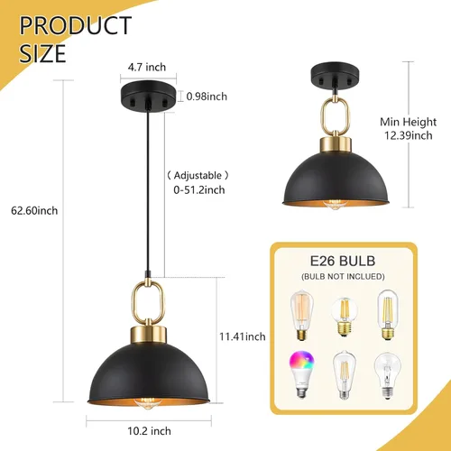Miniatura 6 de Luces colgantes de granja para isla de cocina, iluminación colgante de una sola cúpula de 10.2 pulgadas, luces de isla modernas de altura ajustable