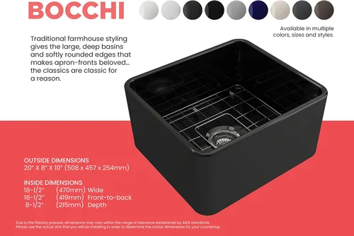 Miniatura 5 de BOCCHI Classico Farmhouse Fregadero de cocina de arcilla refractaria con frente de delantal de 20 pulgadas, un solo tazón con rejilla protectora