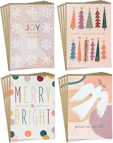 Hallmark Surtido de tarjetas de Navidad en caja boho (16 tarjetas y sobres) rosa pastel, morado, verde esmeralda, paloma