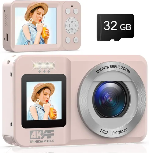 Miniatura 9 de Cámara digital, cámara de doble pantalla 4K 64MP UHD, zoom digital 18X, cámara portátil de apuntar y disparar con tarjeta TF de 32 GB y batería