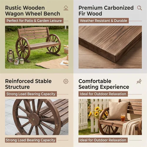 Miniatura 3 de KINTNESS Banco de ruedas de madera rústico para exteriores, muebles de patio para 3 personas con respaldo para patio trasero