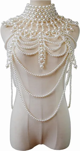 Miniatura 4 de YWCUTE Collar sexy trenzado con flecos de perlas y cadena de cuerpo de perlas de moda francesa multicapa, Beige