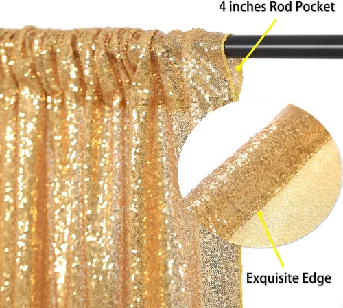 Miniatura 2 de Cortinas con lentejuelas doradas, 2 unidades de 2 x 8 pies, con brillantina, telón de fondo para bodas Dorado