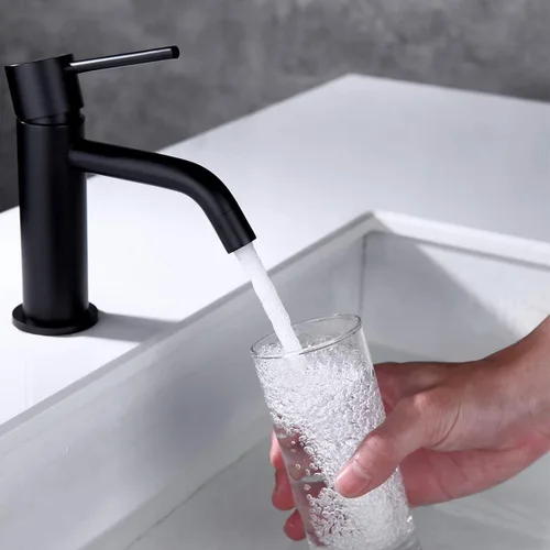 Miniatura 4 de Grifo de Baño Negro Mate de Un Solo Orificio con Ensamble de Drenaje Pop Up y Manguera de Suministro de Grifo, JXMMP Grifos de Lavatorio de Una Sola