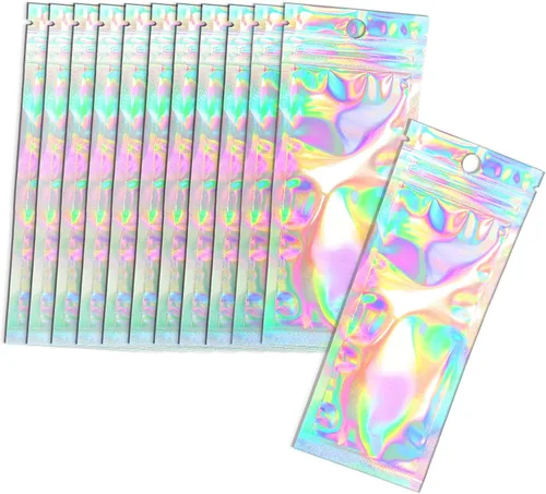 Bolsas a prueba de olores y bolsa de papel de aluminio resellable [100 unidades] ideal para almacenamiento de alimentos (color holográfico, 2.4 x