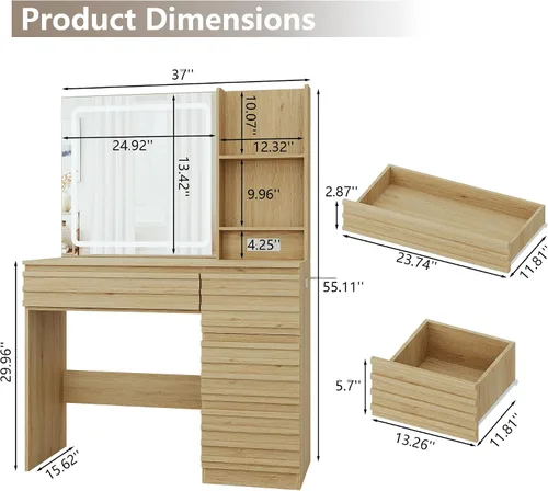 Miniatura 2 de Escritorio estriado con espejo y luces HD, mesa de tocador de maquillaje de madera con 4 cajones y estantes abiertos, juego de tocador de mediados
