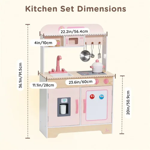 Miniatura 7 de SainSmart Jr. Cocina de madera de juguete para niños - Juego de cocina de jugar premium para niños pequeños - Incluye estufa, refrigerador y Piggy