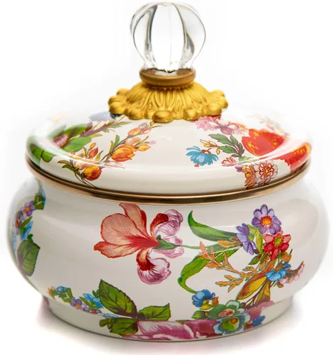 Miniatura 13 de MACKENZIE-CHILDS Olla aplastada de esmalte, bonito recipiente esmaltado con tapa, 20 onzas, a cuadros cortesanos en blanco y negro color fantasía