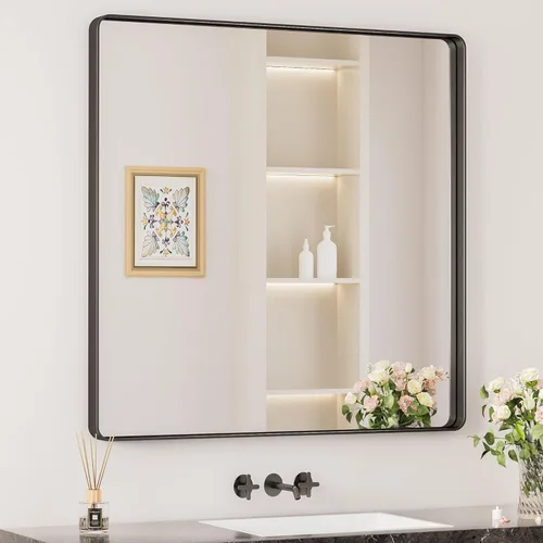 Keonjinn Espejos de baño negros para sobre el fregadero, espejos cuadrados grandes de 36 x 36 pulgadas para pared, espejo rectangular redondeado