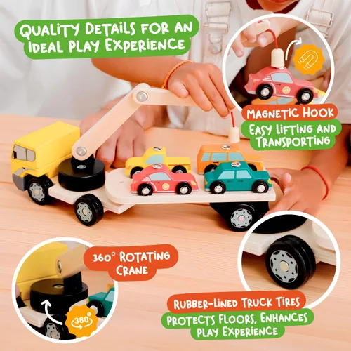 Miniatura 3 de Nene Toys Cargador magnético para automóvil con 4 autos y 1 camión de madera semirremolque para niños de 2 años en adelante, juguete interactivo