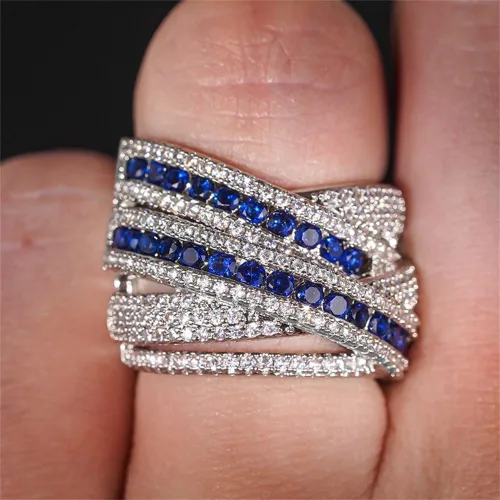 Miniatura 2 de Anillo de plata de ley 925 con zafiro natural, anillo cruzado de circonita cúbica, anillo de compromiso de eternidad, anillo de compromiso de boda