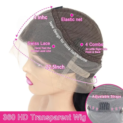 Miniatura 4 de Aaliweya Peluca de encaje frontal 360 HD con encaje frontal 360, peluca de cabello humano para mujer, densidad 180, prearrancada, sin pegamento, 1B