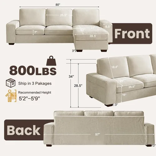 Miniatura 2 de PARKOL Sofá modular en forma de L de 97 pulgadas con almacenamiento, sofá con diván reversible, carga USB tipo C, tela de felpilla, fundas