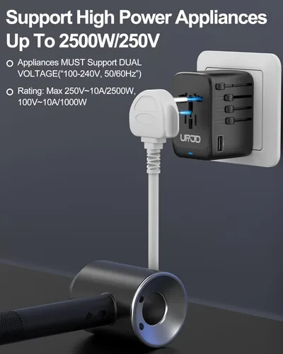 Miniatura 5 de Adaptador de viaje universal de 100 W, cargador rápido GaN en uno, 5 puertos USB y salida de CA de 2500 W, adaptador de corriente internacional