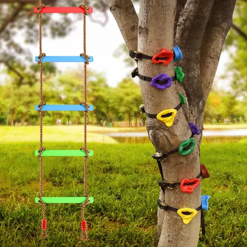 Miniatura 11 de 12 soportes de escalada de árboles ninja y cuerda de escalada de 6.56 pies para niños, kit de escalada de árboles para entrenamiento de carrera