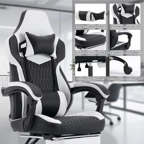 Miniatura 6 de Silla de escritorio para juegos para adultos, silla ergonómica para juegos con reposapiés, reposacabezas y soporte lumbar, material de cuero, altura