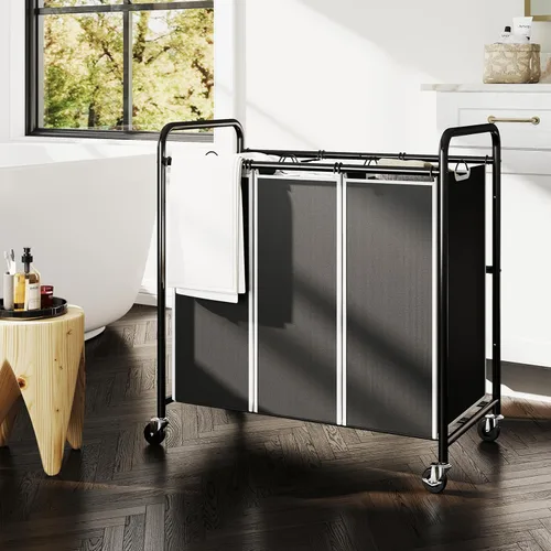 Miniatura 7 de ROMOON Clasificador de ropa resistente de 3 compartimentos, cesta con forro extraíble y ruedas, organizador que ahorra espacio para lavandería, Negro