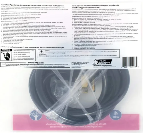 Miniatura 9 de Certified Appliance Accessories Cable de alimentación para electrodomésticos de 30 amperios, cable para secadora de 4 clavijas, 4 cables codificados