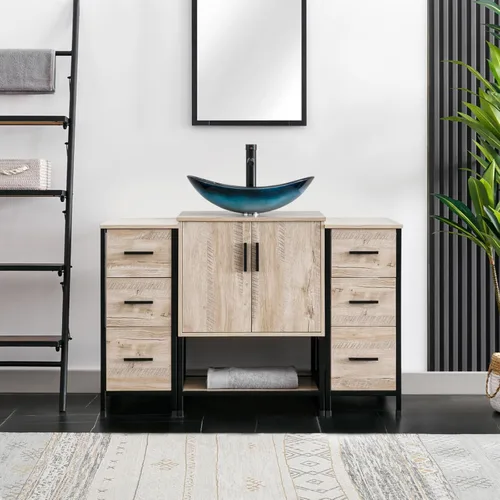 Miniatura 10 de eclife Combo de Tocador de Baño de 36" con Lavabo, Gabinete Moderno de Soporte de Metal con Estante Inferior y Gabinete Lateral de Almacenamiento