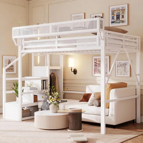 Miniatura 16 de Mirightone - Cama alta tamaño individual con escaleras y almacenamiento, base de cama de metal, estante de noche y gran espacio debajo, resistentes