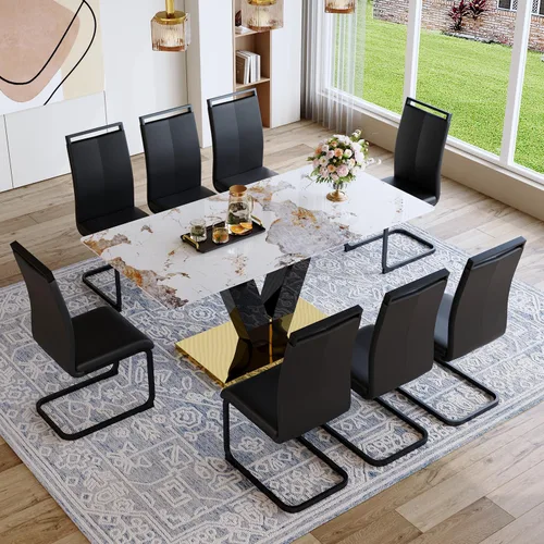 Miniatura 23 de Juego de mesa de comedor de 71 pulgadas para 6, moderno juego de mesa de comedor para 6, mesa de comedor de mármol con 6 sillas de comedor de piel