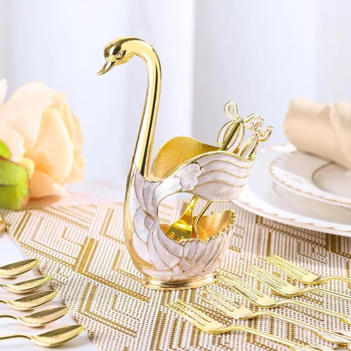 Miniatura 6 de Soporte de base de cisne dorado, organizador de cucharas de postre de cisne decorativo para mesa, con juego de 6 cucharas de café, elegantes