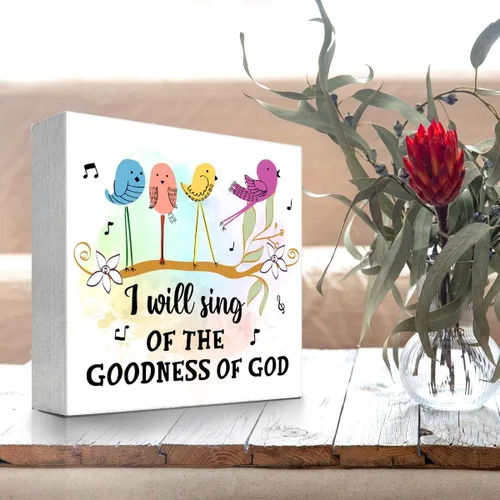Miniatura 4 de Letrero de madera con versículo bíblico, decoración de escritorio con texto en inglés "I will Sing of the Goodness of Gods