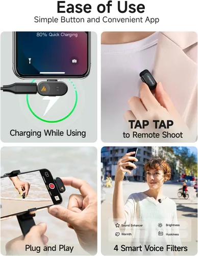 Miniatura 7 de MAONO Wave T1 Mini micrófono inalámbrico Lavalier para iPhone/Android, cancelación de ruido, filtro de voz AI, 30 horas utilizado con estuche