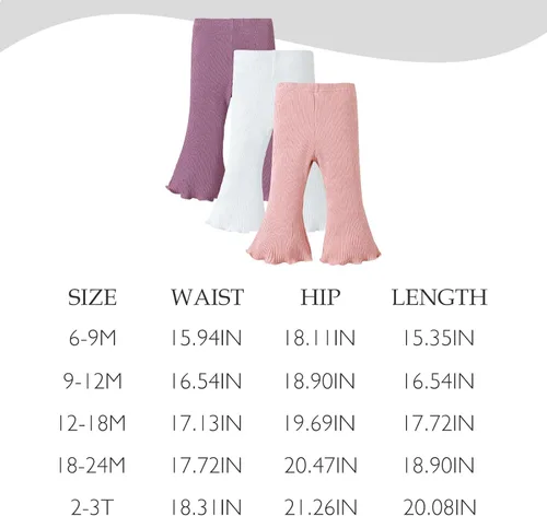 Miniatura 6 de SOBOWO Pantalones acampanados para bebé, paquete de 3 unidades para niña pequeña, color liso, acanalado, con volantes, pantalones acampanados